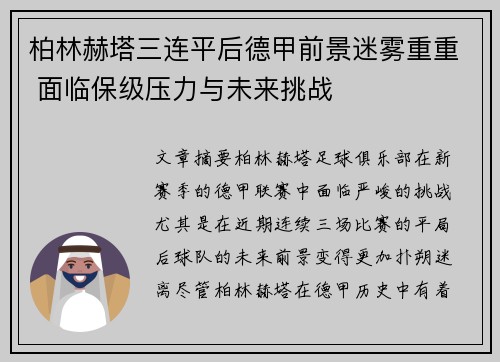 柏林赫塔三连平后德甲前景迷雾重重 面临保级压力与未来挑战