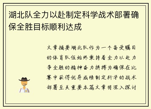 湖北队全力以赴制定科学战术部署确保全胜目标顺利达成