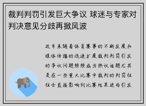 裁判判罚引发巨大争议 球迷与专家对判决意见分歧再掀风波
