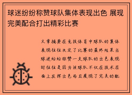 球迷纷纷称赞球队集体表现出色 展现完美配合打出精彩比赛