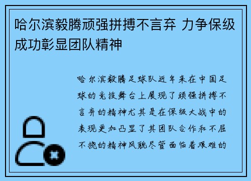 哈尔滨毅腾顽强拼搏不言弃 力争保级成功彰显团队精神