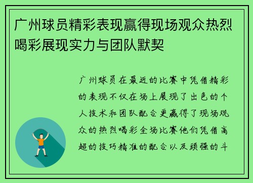 广州球员精彩表现赢得现场观众热烈喝彩展现实力与团队默契