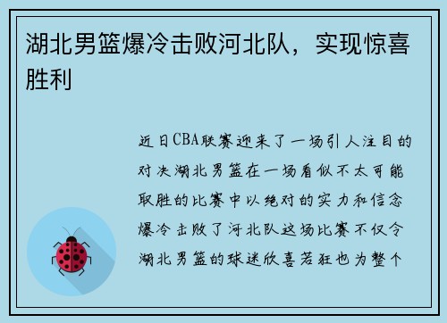 湖北男篮爆冷击败河北队，实现惊喜胜利