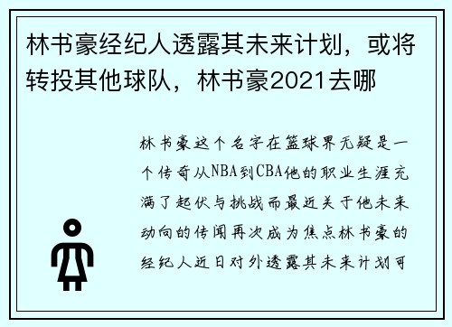 林书豪经纪人透露其未来计划，或将转投其他球队，林书豪2021去哪