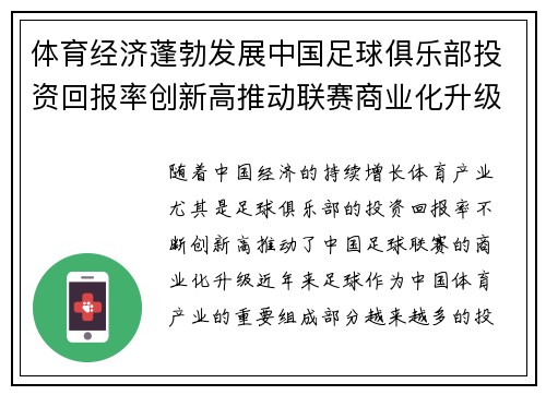 体育经济蓬勃发展中国足球俱乐部投资回报率创新高推动联赛商业化升级