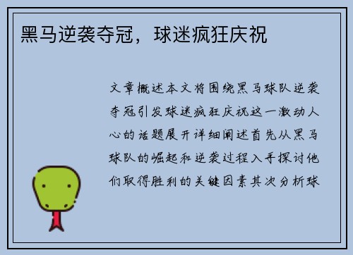 黑马逆袭夺冠，球迷疯狂庆祝