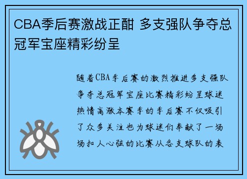 CBA季后赛激战正酣 多支强队争夺总冠军宝座精彩纷呈